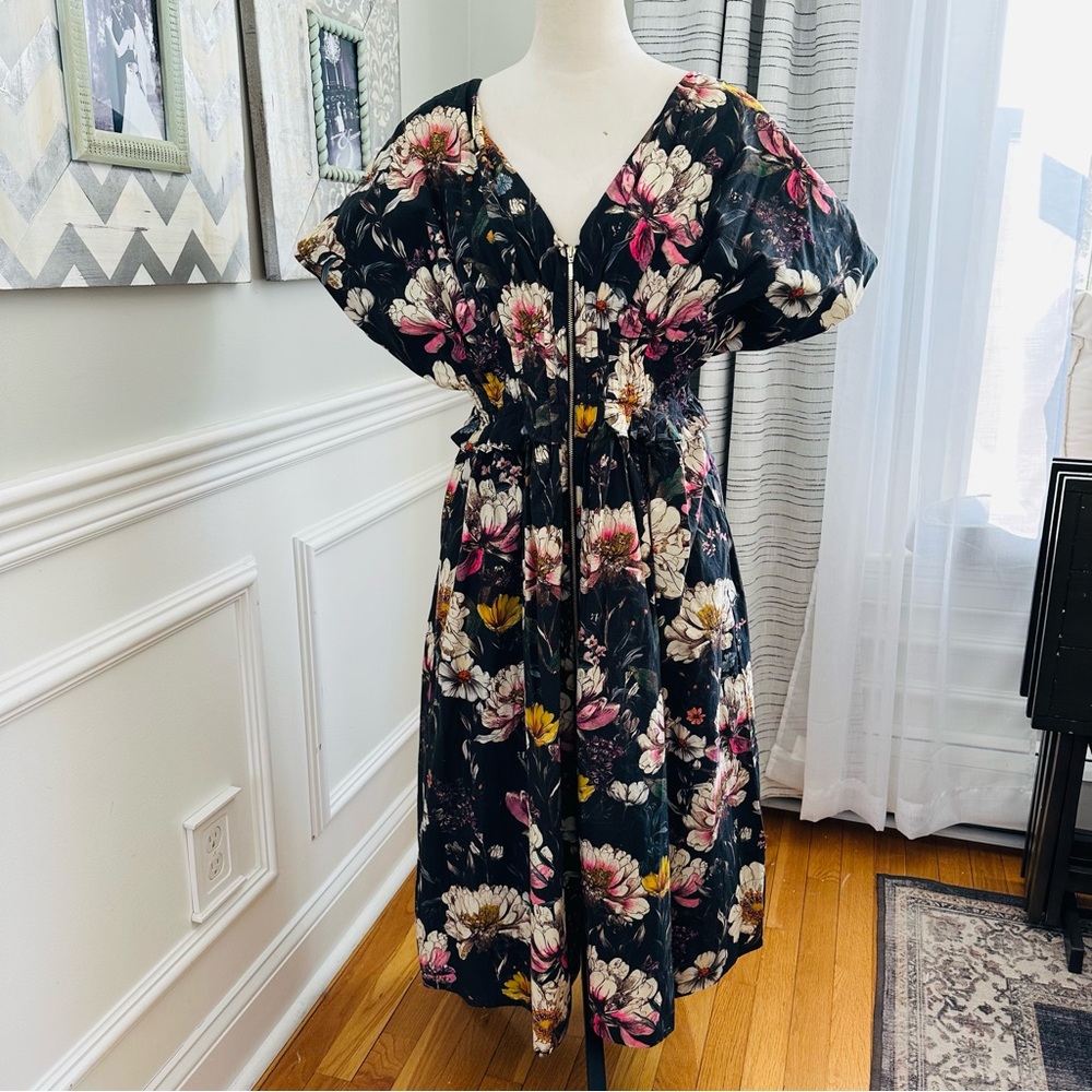 NWT Anthropologie V-Neck Smocked Floral Midi Dress w Zip Front Kentucky Derby